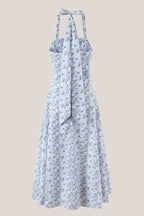 Robe bleue midi en coton coupe trapèze à col licou et imprimé floral rétro - Harana