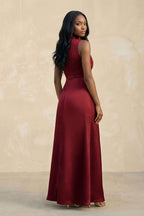 Robe demoiselle d’honneur bordeaux longue sans manches avec fente satinée - Harana