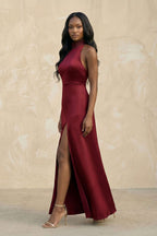 Robe demoiselle d’honneur bordeaux longue sans manches avec fente satinée - Harana