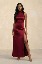 Robe demoiselle d’honneur bordeaux longue sans manches avec fente satinée - Harana