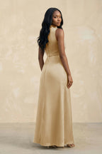 Robe demoiselle d’honneur champagne longue sans manches avec fente satinée - Harana