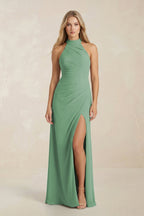 Robe demoiselle d’honneur vert d’eau longue sans manches avec fente froncée - Harana