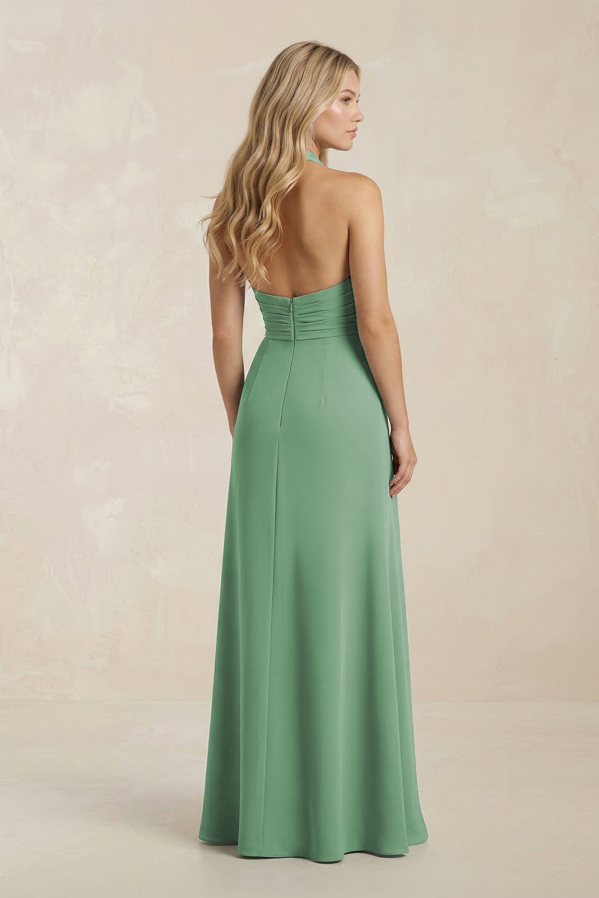 Robe demoiselle d’honneur vert d’eau longue sans manches avec fente froncée - Harana