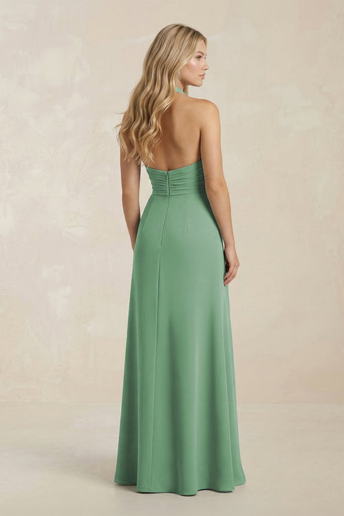 Robe de demoiselle d’honneur vert d’eau longue en mousseline coupe fourreau à col montant effet drapé - Harana