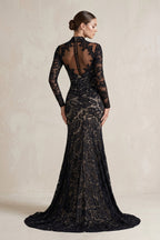 Robe de mariée noire en dentelle coupe sirène à col montant - Harana