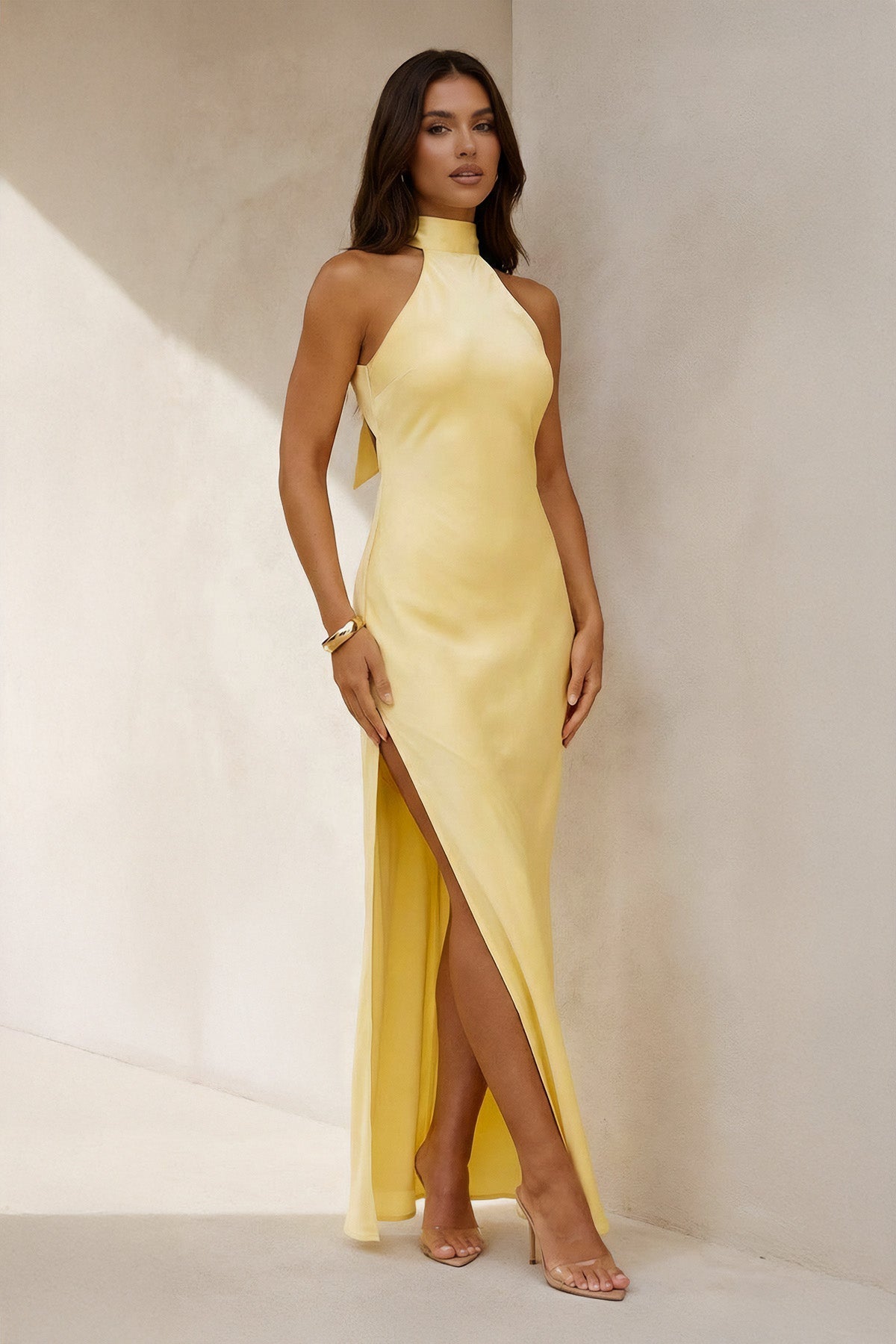 Robe longue jaune avec nœud - Harana