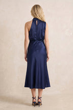 Robe bleu marine foncé midi satinée coupe sirène à col montant - Harana