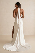 Robe de mariée ivoire satinée coupe sirène à col montant avec fente - Harana
