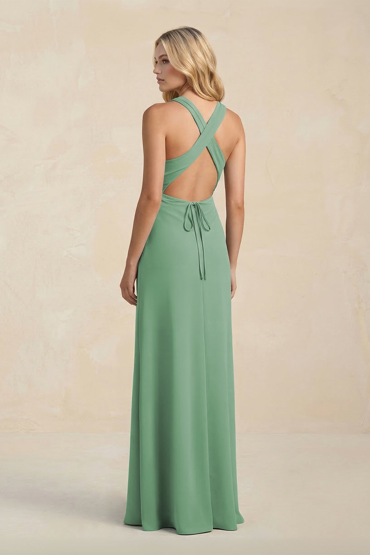 Robe demoiselle d’honneur vert d’eau longue sans manches avec fente effet drapé - Harana