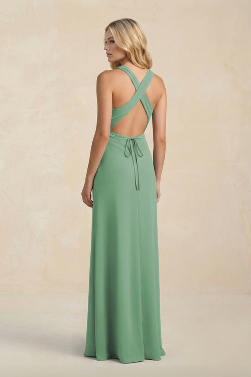 Robe de demoiselle d’honneur vert d’eau longue en mousseline coupe fourreau à col montant avec fente - Harana