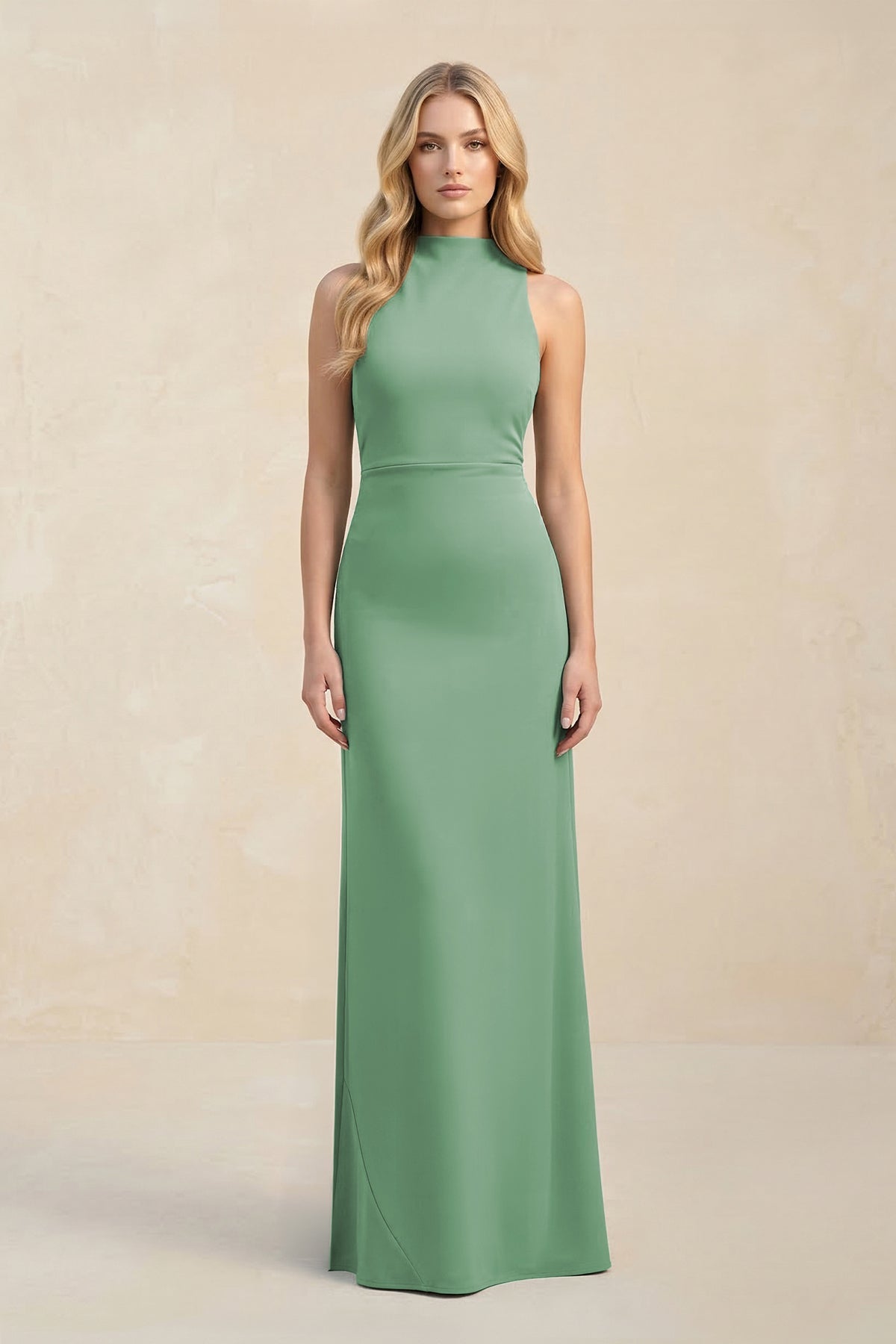 Robe demoiselle d’honneur vert d’eau longue sans manches avec fente effet drapé - Harana