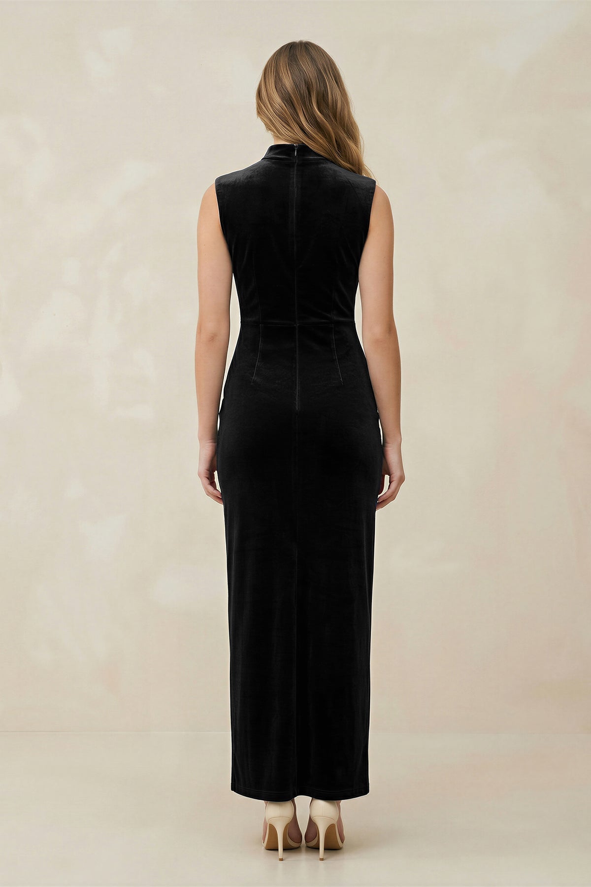 Robe demoiselle d’honneur noir longue sans manches avec fente effet drapé - Harana