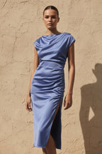 Robe midi steel blue satinée - Harana