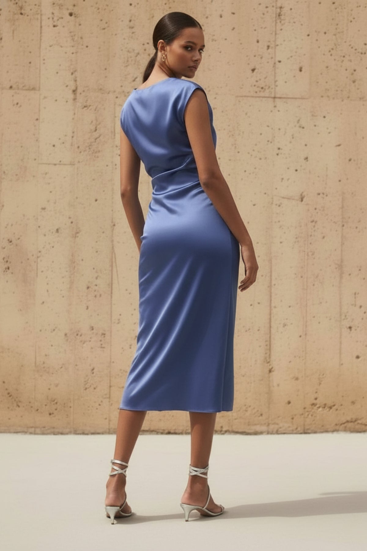 Robe midi steel blue satinée - Harana