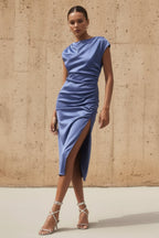 Robe midi steel blue satinée - Harana