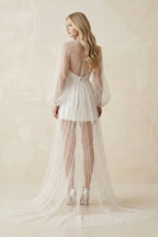 Robe de mariée blanche trapèze en tulle manches longues perlée - Harana