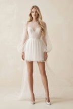 Robe de mariée blanche trapèze en tulle manches longues perlée - Harana
