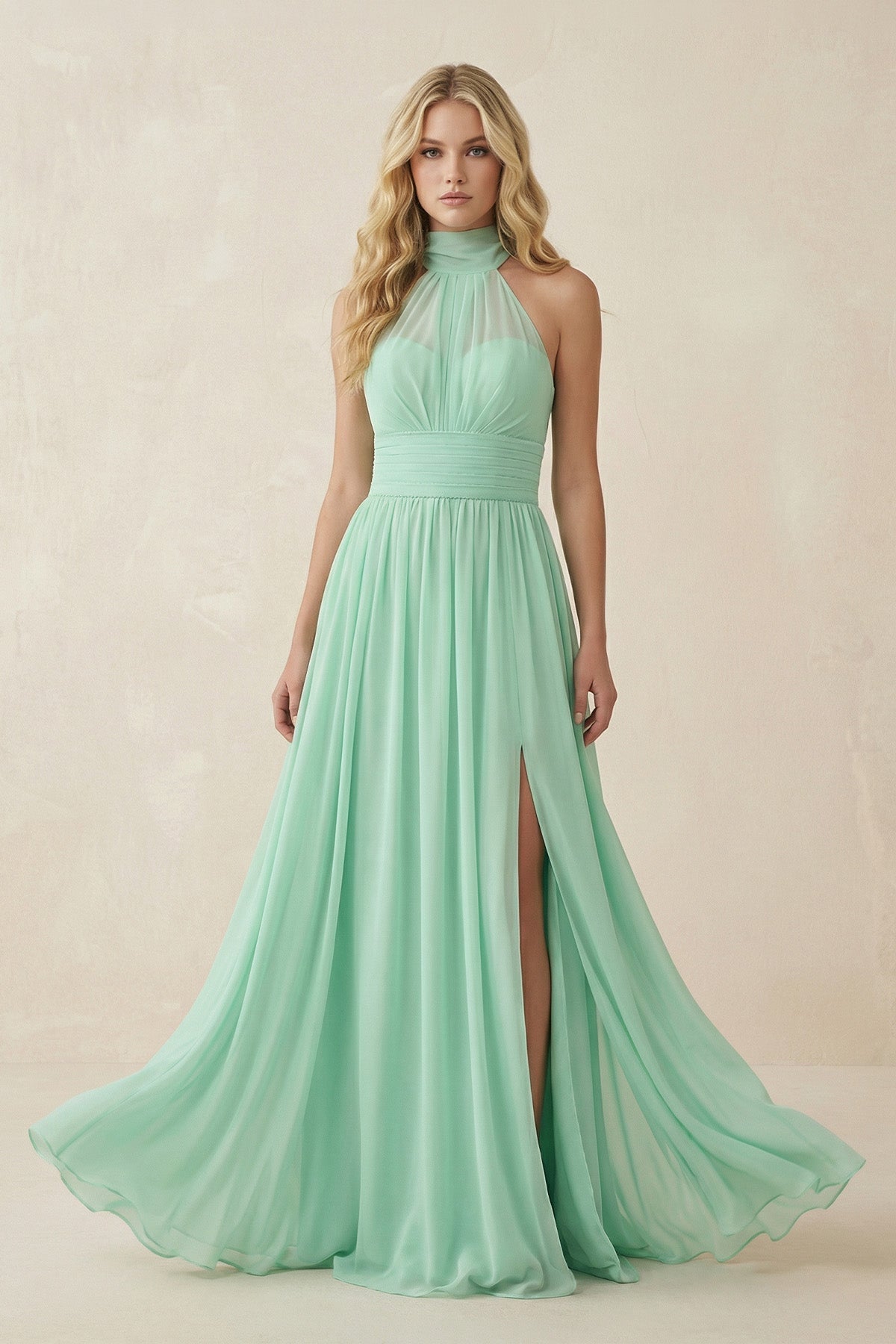 Robe demoiselle d’honneur pale pistachio longue dos nu sans manches avec fente - Harana