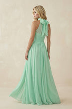 Robe demoiselle d’honneur pale pistachio longue dos nu sans manches avec fente - Harana