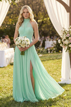 Robe demoiselle d’honneur pale pistachio longue dos nu sans manches avec fente - Harana