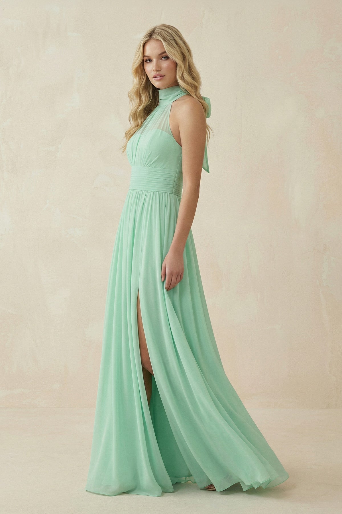 Robe demoiselle d’honneur pale pistachio longue dos nu sans manches avec fente - Harana