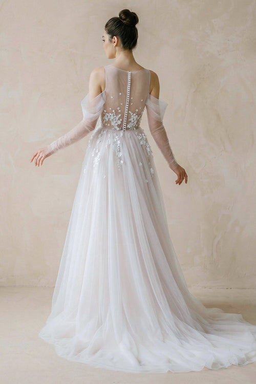 Robe de mariée blanche et nude trapèze en tulle manches longues à - Harana