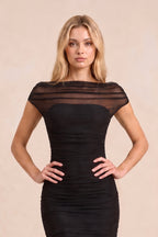 Robe noire longue en résille coupe sirène à manches courtes - Harana