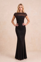 Robe noire longue en résille coupe sirène à manches courtes - Harana