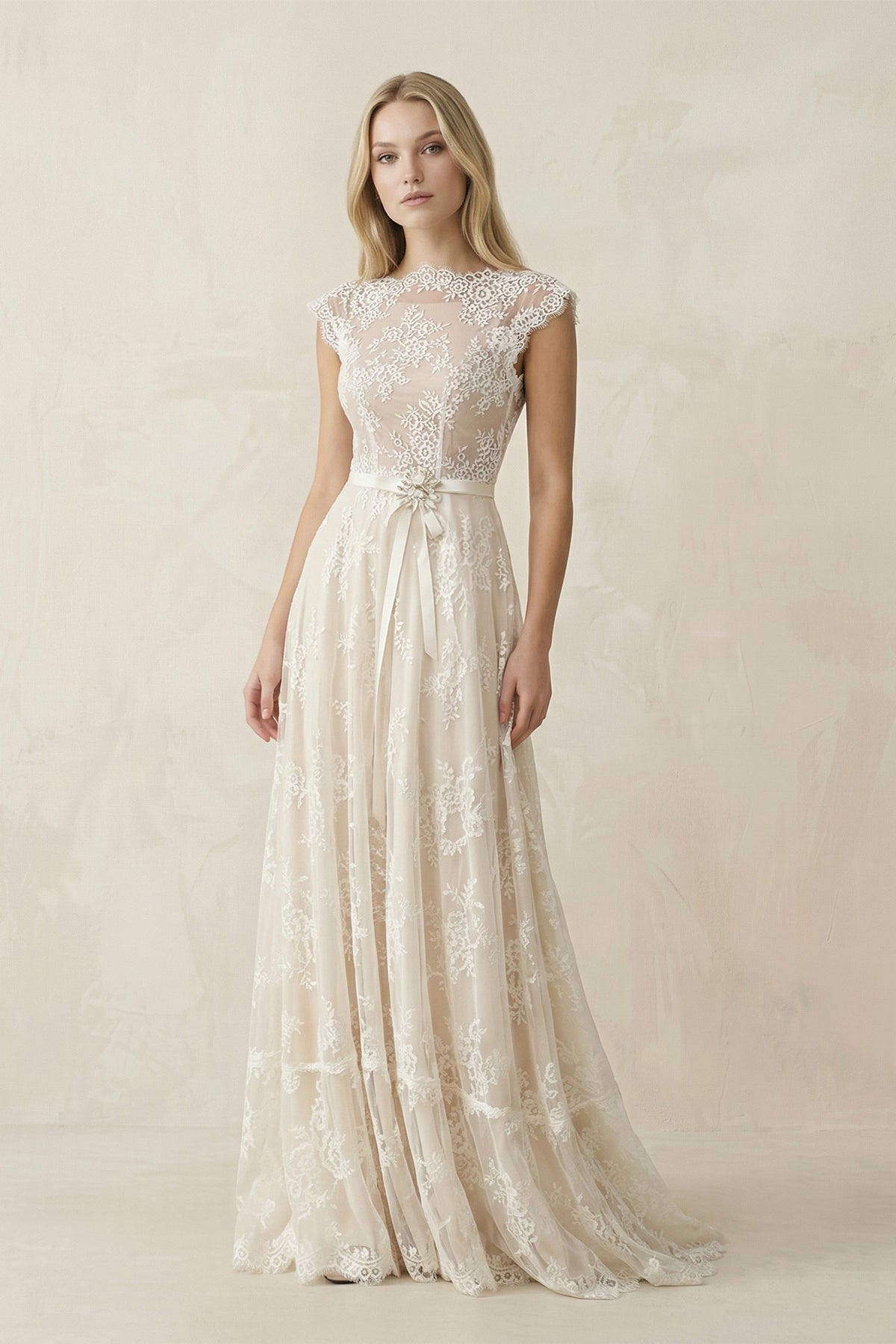 Robe de mariée ivoire trapèze en dentelle effet illusion - Harana