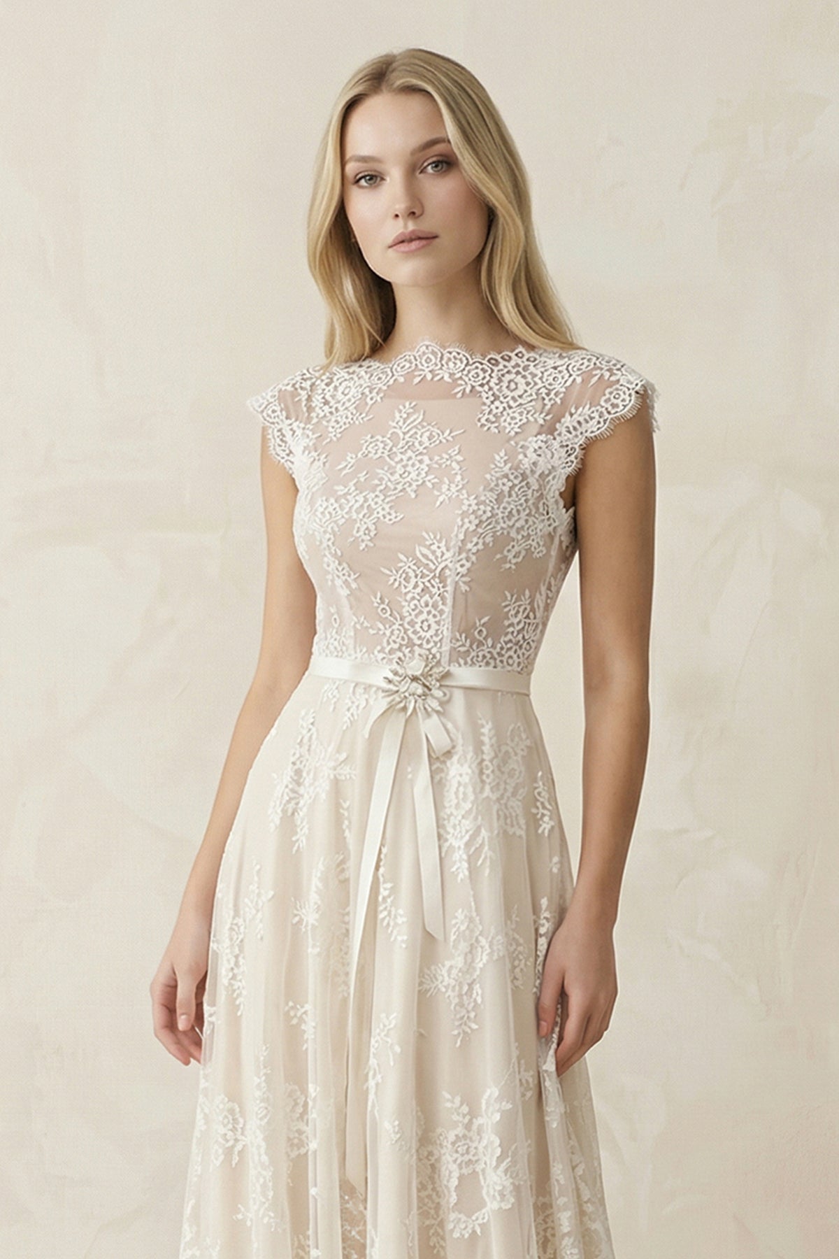 Robe de mariée ivoire trapèze en dentelle effet illusion - Harana