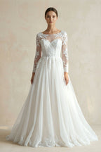 Robe de mariée blanc longue manches longues à dentelle en tulle - Harana