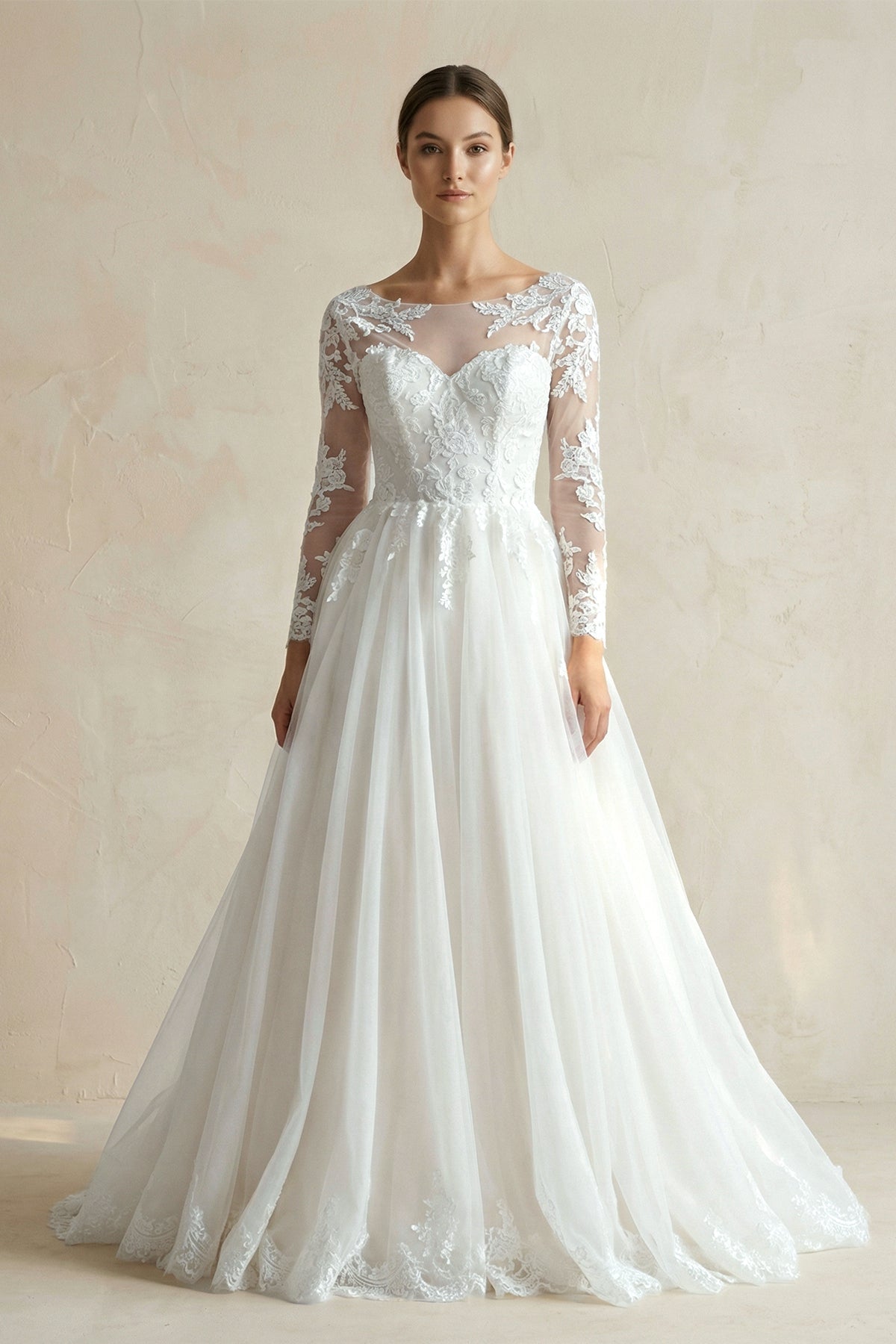 Robe de mariée blanc longue manches longues à dentelle en tulle - Harana