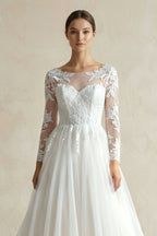 Robe de mariée blanc longue manches longues à dentelle en tulle - Harana