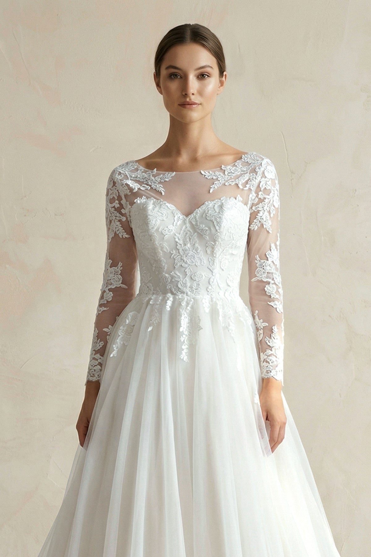 Robe de mariée blanc longue manches longues à dentelle en tulle - Harana