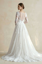 Robe de mariée blanc longue manches longues à dentelle en tulle - Harana