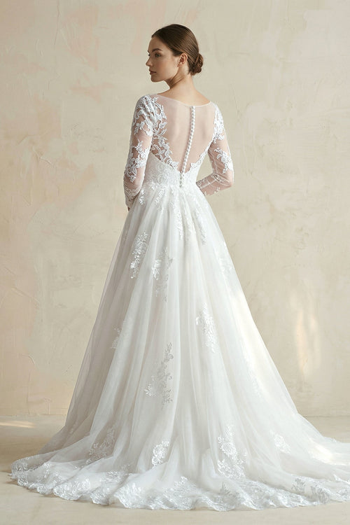 Robe de mariée blanc longue manches longues à dentelle en tulle - Harana