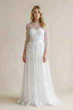 Robe de mariée blanche trapèze en dentelle manches longues effet illusion - Harana