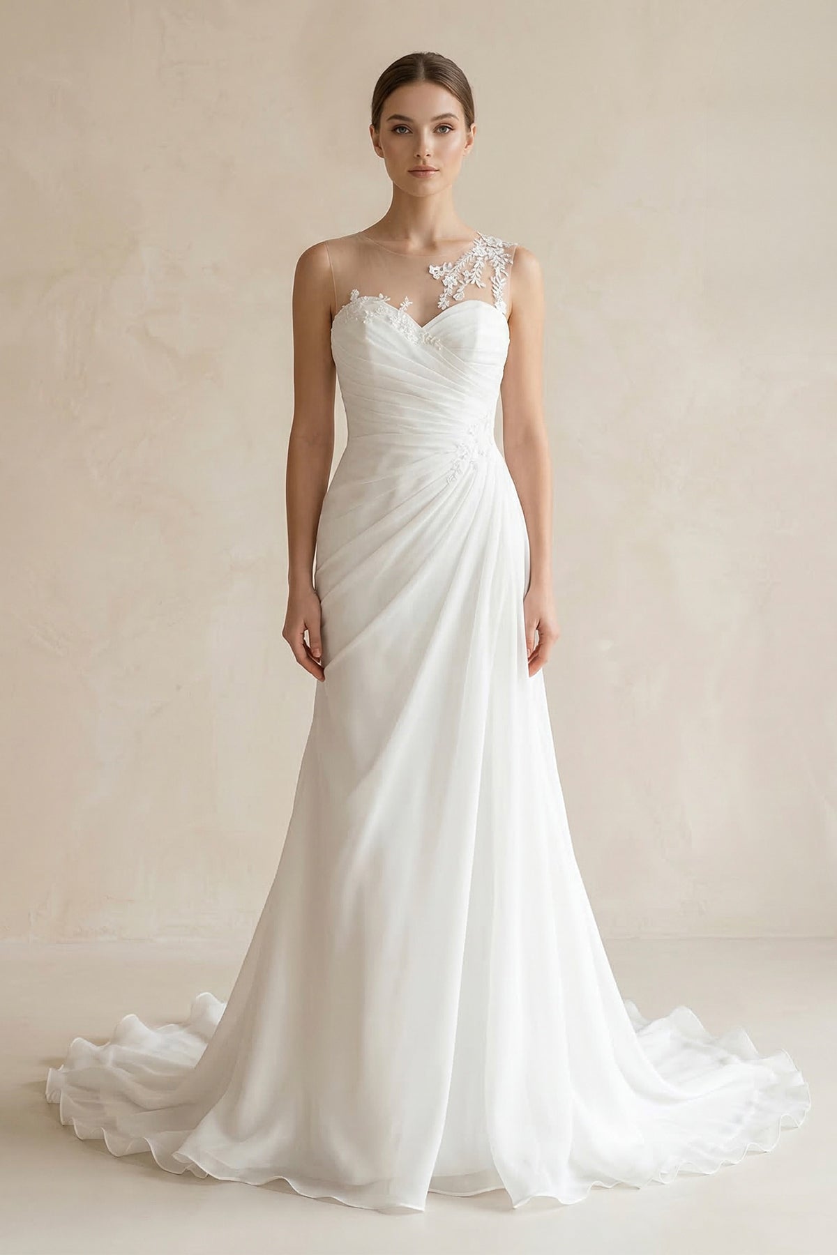 Robe de mariée blanche trapèze en mousseline sans manches effet illusion - Harana