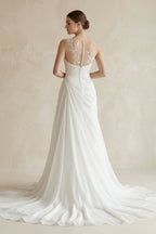 Robe de mariée blanche trapèze en mousseline sans manches effet illusion - Harana