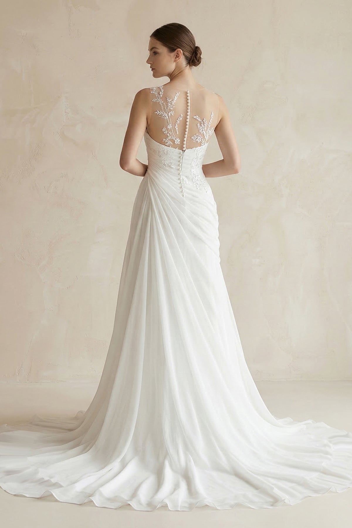 Robe de mariée blanche trapèze en mousseline sans manches effet illusion - Harana