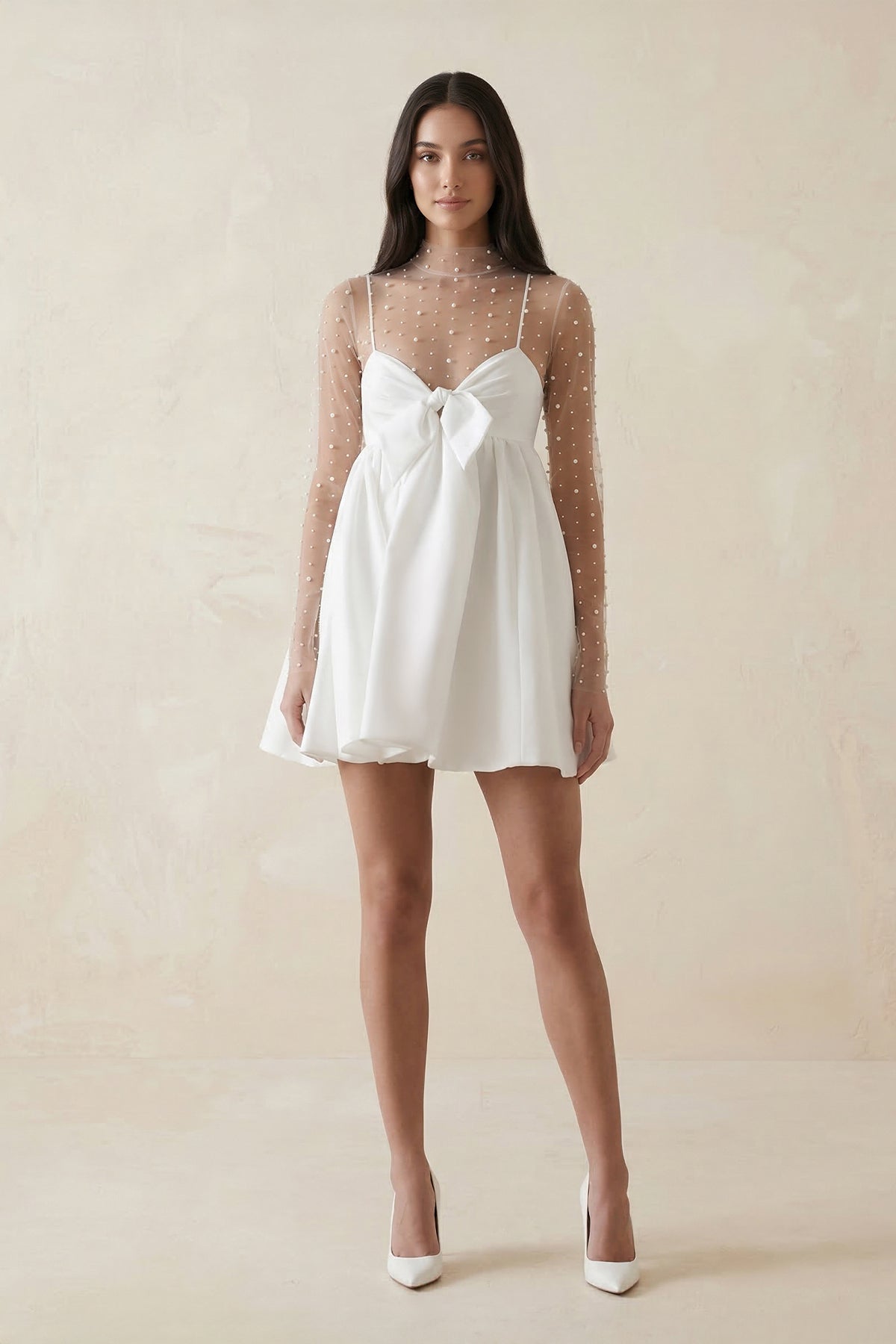 Robe de mariée blanche trapèze en satin manches longues avec nœud - Harana