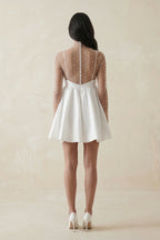 Robe de mariée blanche trapèze en satin manches longues avec nœud - Harana