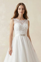 Robe de mariée blanche trapèze en tulle sans manches avec nœud - Harana