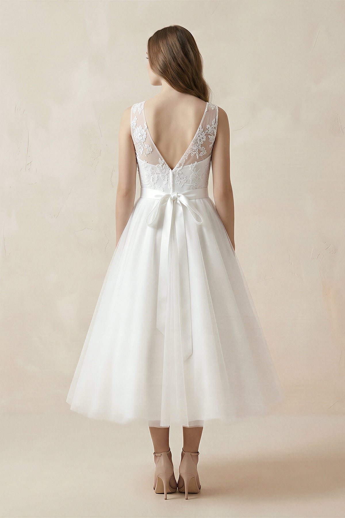 Robe de mariée blanche trapèze en tulle sans manches avec nœud - Harana