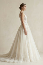 Robe de mariée blanc longue sans manches en tulle coupe trapèze - Harana