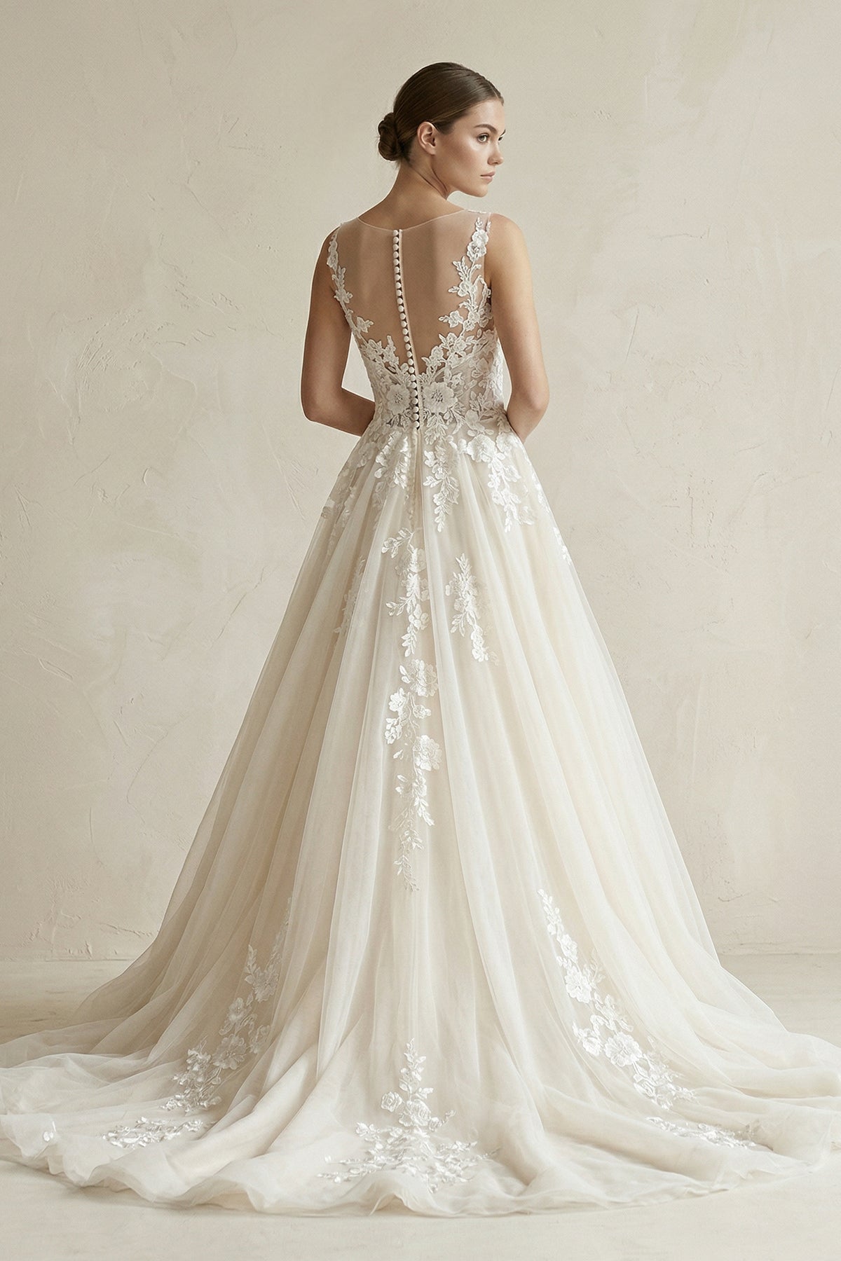 Robe de mariée blanc longue sans manches en tulle coupe trapèze - Harana