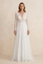 Robe de mariée ivoire trapèze pailletée manches longues effet illusion - Harana