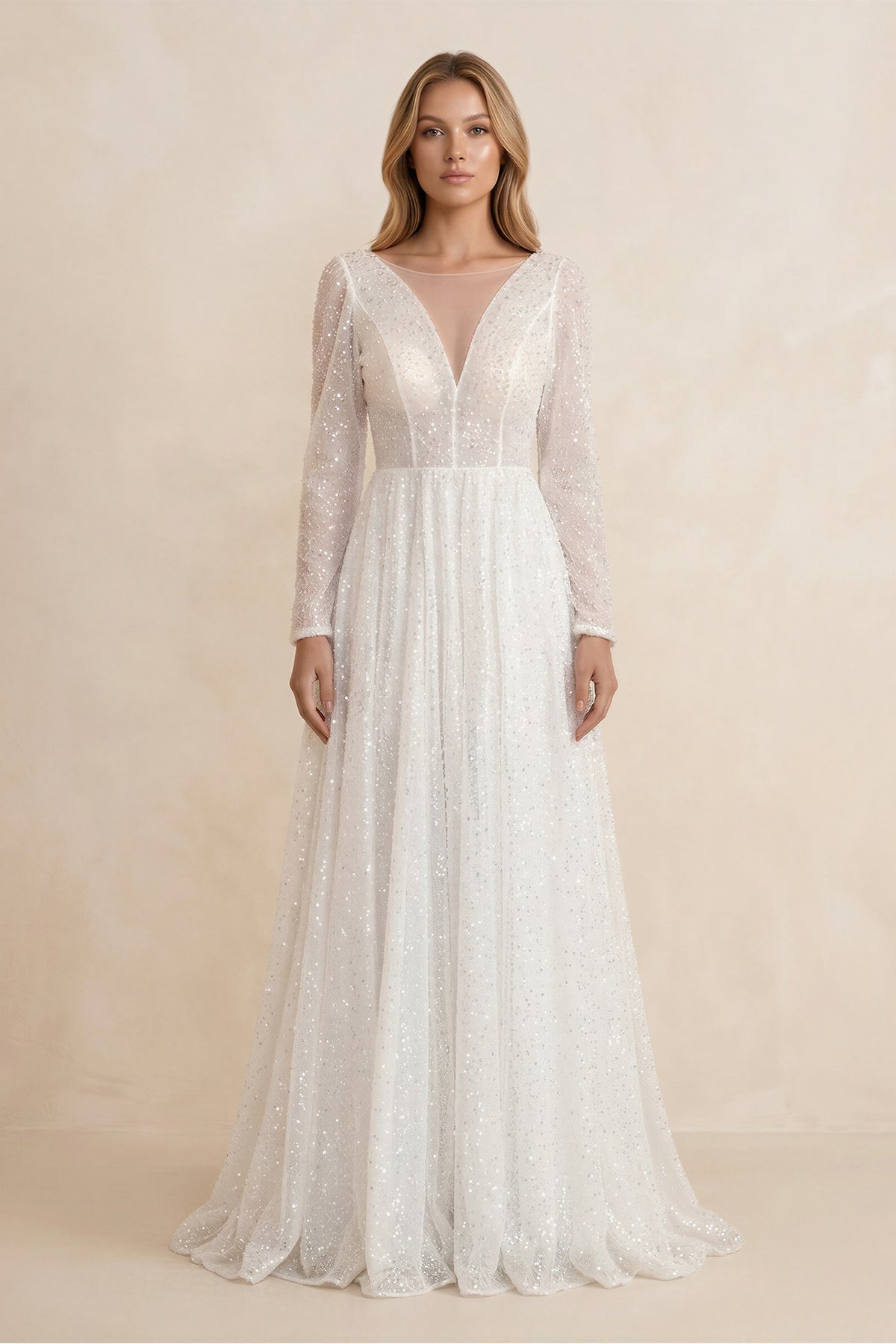 Robe de mariée ivoire trapèze pailletée manches longues effet illusion - Harana