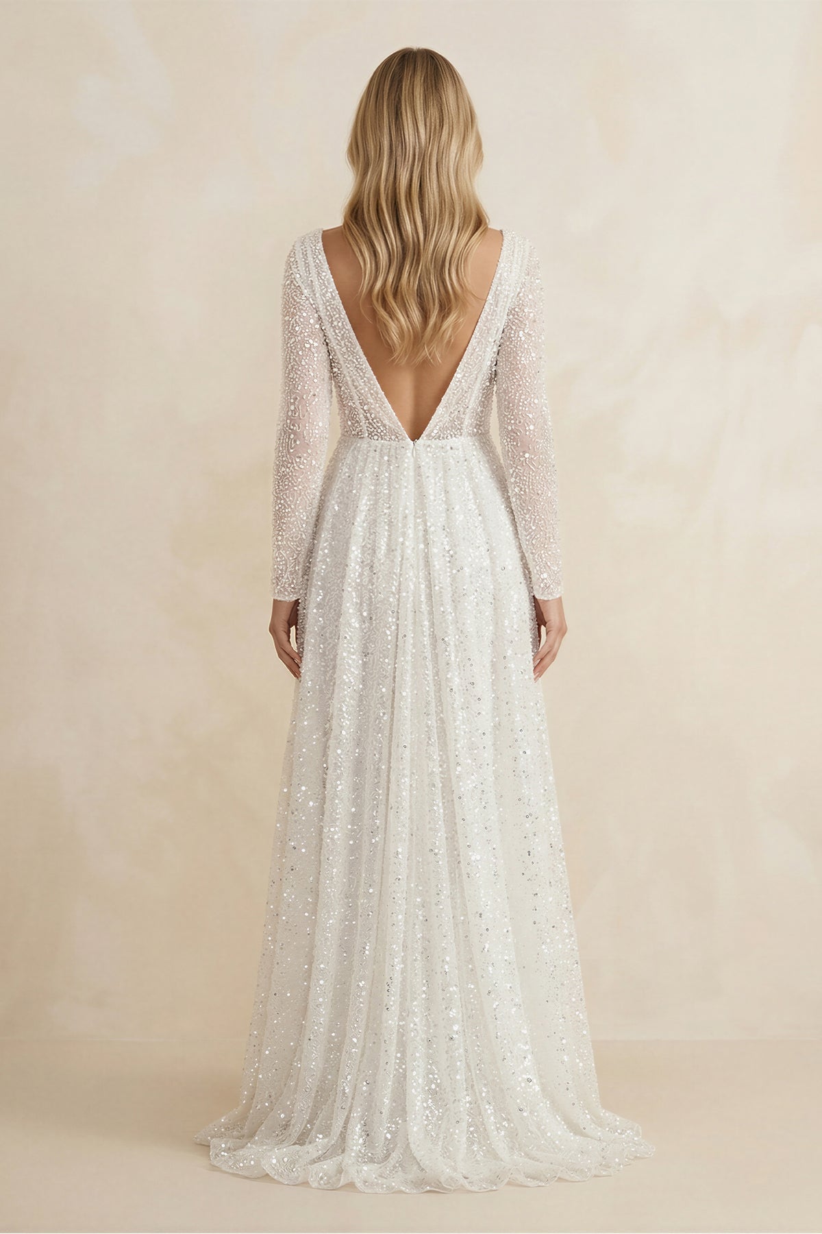 Robe de mariée ivoire trapèze pailletée manches longues effet illusion - Harana