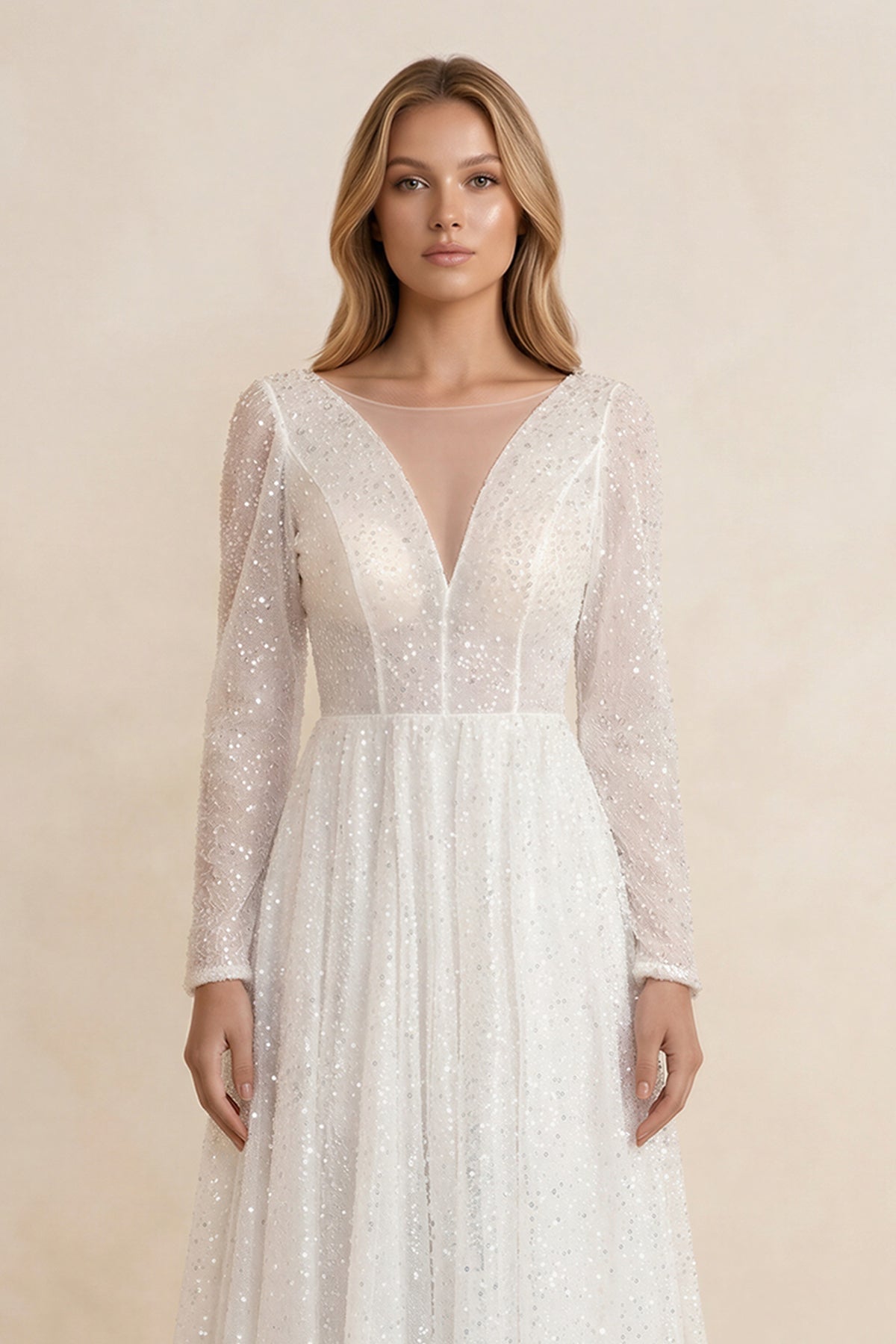 Robe de mariée ivoire trapèze pailletée manches longues effet illusion - Harana